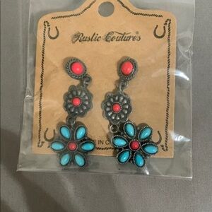 Rustic Cuff Floral Earrings - Turquoise and Coral